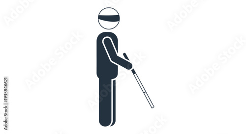 Stick figure illustration of a person with a cane and eye mask