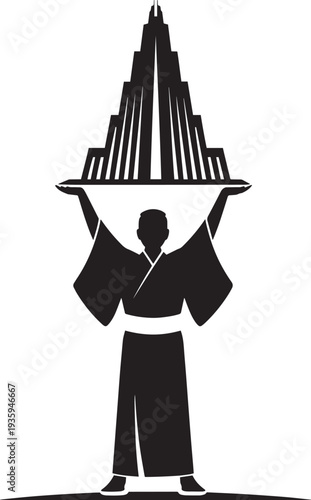Japanese man in traditional kimono silhouette holding a building illustration on transparent background