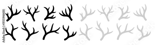 Collection of stylized deer antlers in black and gray against a white background