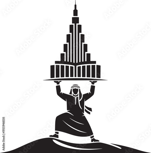 Man in traditional Arab clothing holding skyscraper on desert dunes