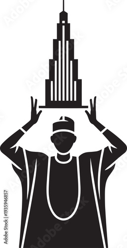 Man in African attire holding tall building symbolic of progress and heritage
