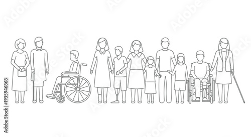 Line art illustration depicting diverse people including healthcare workers and patients