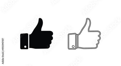 Set of 2 Thumbs Up Icons Vector: Black Solid and Outline Design for Social Media, Approval, Like, and Positive Feedback