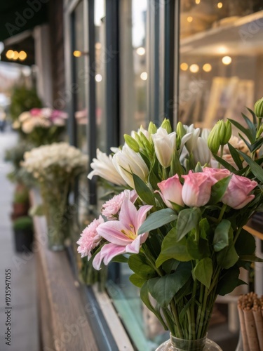 Romantic bouquet of pink lilies and white rosebuds on flower shop window ledge with soft city reflection and warm evening garland lights, elegant floral boutique sidewalk display