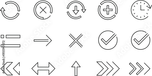 Set of Minimalist Interface Line Icons Featuring Navigation Arrows, Refresh Symbol, Check Mark, Plus and Minus Buttons, Clock, and Web UI Elements