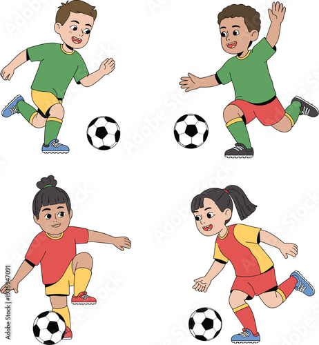 cartoon kids playing soccer set, happy children football game actions, cute boys girls sports activity illustration isolated background