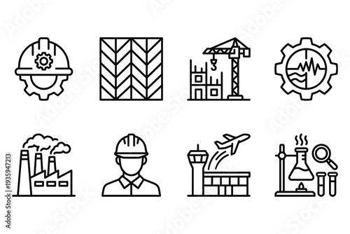 Icons for engineering and industry: hard hat, factory, airport, crane, scientist and chemical flask.