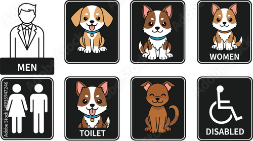 Set of public restroom signs including men, women, disabled access, and cute cartoon puppy icons for pet friendly toilet facilities.