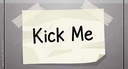 A crumpled paper note with 'kick me' text on a gray background on transparent background