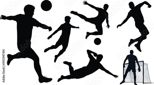 soccer player silhouettes set with goalkeeper and goal post, football action poses kicking jumping diving sport vector illustration