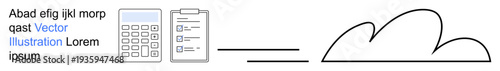 Cloud computing, data transfer, digital records, calculations, online storage, productivity tools. Calculator, clipboard and cloud graphic. Cloud computing and data transfer concept