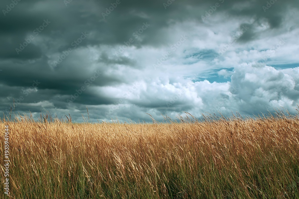 Fototapeta premium wide open field of tall grass with dramatic cloudy sky
