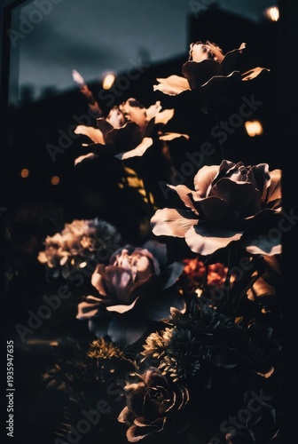 Artistic surreal floral installation in dark boutique window with exotic glowing flowers on long stems and dramatic spotlighting on botanical sculpture in urban shop at night