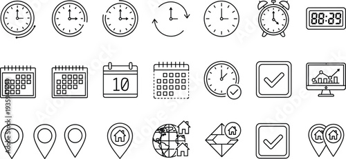 Time Management Icon Set Featuring Analog Clocks, Digital Timers, Calendars, Wall Clocks, Alarm Clocks, Location Pins, Global Tracking, and Productivity Charts.