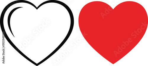Red heart shape and black outline heart icon set for love, romance, wedding, Valentine's Day, and health care medical symbols.