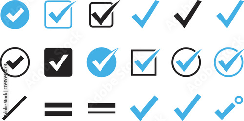 Set of blue and black check mark icons featuring various tick styles, checkboxes, circles, and mathematical symbols for approval and validation.