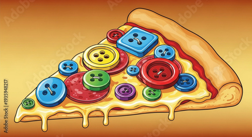 Colorful buttons on a melting cheese pizza slice on transparent background