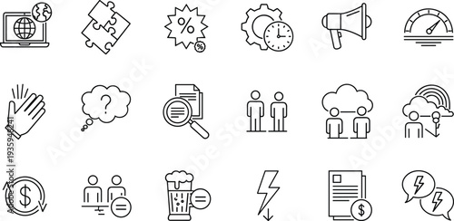Set of business strategy line icons featuring global marketing, puzzle pieces, discount labels, megaphone, time management, and financial data analysis.