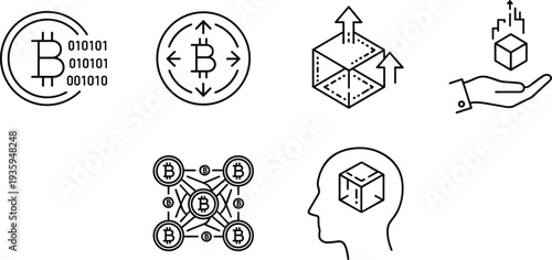 Set of cryptocurrency and blockchain line icons featuring bitcoin symbols, binary data, decentralized networks, digital mining, and secure fintech technology.