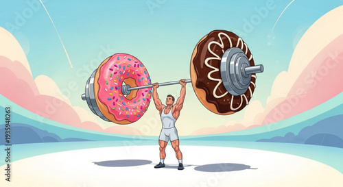 Man lifting donuts on barbell at sunrise on transparent background