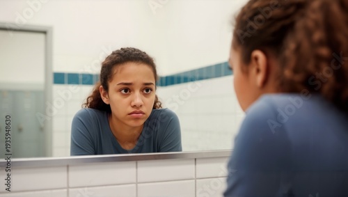Upset teenage girl looking at reflection in school bathroom mirror. Sad student dealing with depression or insecurity. Mental health awareness