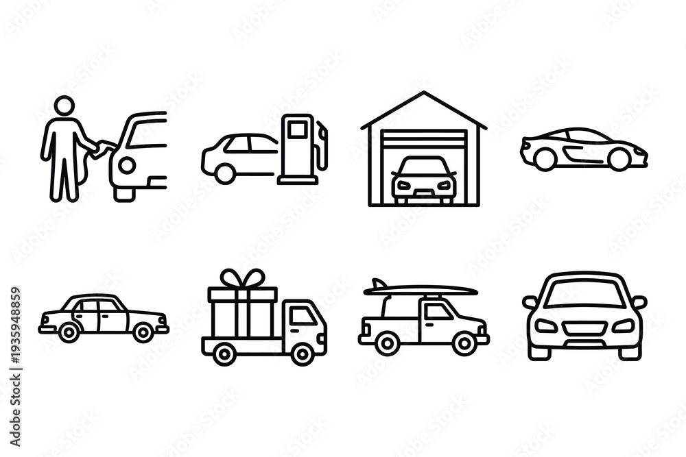 Naklejka premium Set of black and white line icons representing various car services and transportation, from driving to delivery.