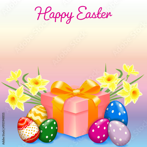 Happy Easter square vector illustration with gift box, yellow daffodils and colorful patterned eggs on festive background and copy space for text.