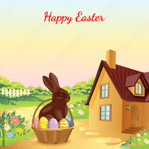Happy Easter square vector illustration with a chocolate bunny with colorful eggs in a basket and country house landscape and copy space for text.