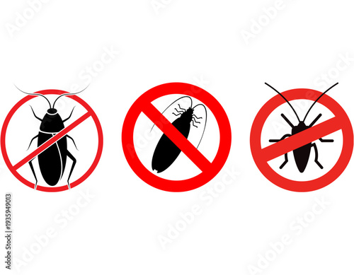 Three red prohibition signs with different cockroach silhouettes, indicating pest control or a ban on insects.