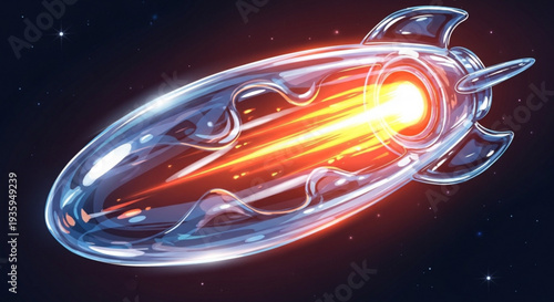 Futuristic spaceship silhouette with glowing engine and transparent hull on transparent background
