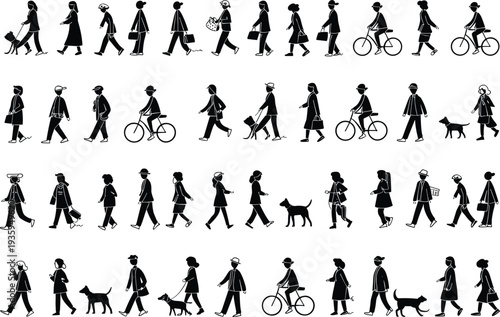 Black silhouettes of people walking dogs and riding bicycles in various poses and activities white