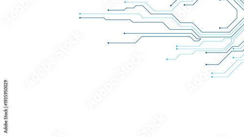 Abstract futuristic digital circuit board pattern with glowing blue lines and dots representing technological advancement and data flow on a clean white background transparent background