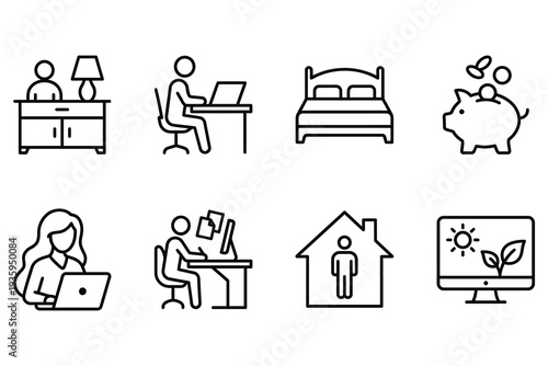 Home Office Icons: Remote Work, Desk, Bed, Piggy Bank, Laptop, Eco Monitor