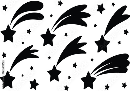 Black and white graphic illustration of shooting stars and small stars scattered across a white background
