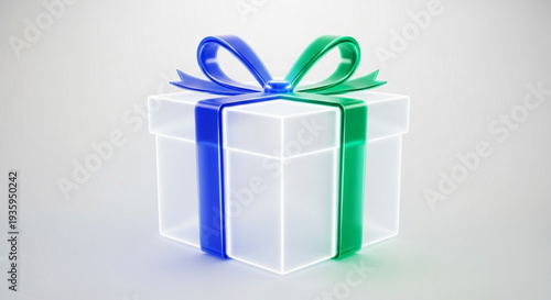 White gift box with blue and green ribbon silhouette on transparent background