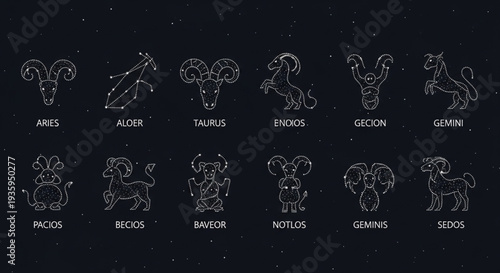 Collection of Zodiac Constellation Symbols and Names.