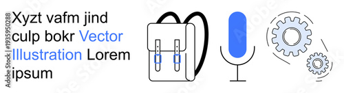 Technology, education, productivity, digital tools, collaboration, creativity. A backpack, microphone and gears in blue and black tones. Technology and education concepts are prominently