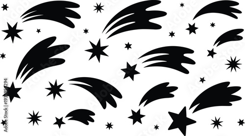 Black and white graphic pattern of shooting stars with various tail designs and small stars on a white background