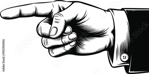 Black and White Illustration of a Hand Pointing to the Left in a Suit Sleeve finger index finger