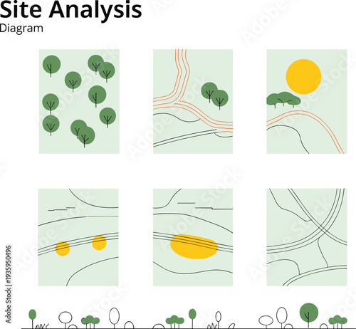 Six diagrams showing trees, sun, and contour lines on a light green background with a row of at the bottom