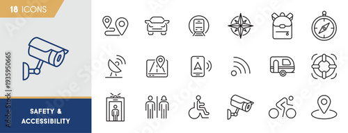 Safety & Accessibility Travel Icons Set – Navigation, Mobility & Public Services Line Icons