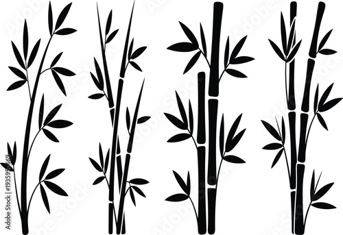 Black silhouette illustrations of bamboo stalks with leaves on a white background Keywords: bamboo, plant, stalk, stem, leaf, foliage, nature, green, growth, oriental, asian, zen, spa
