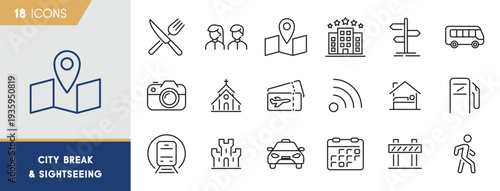 City Break & Sightseeing Travel Icons Set – Map, Transport, Hotel & Landmarks Outline Icons