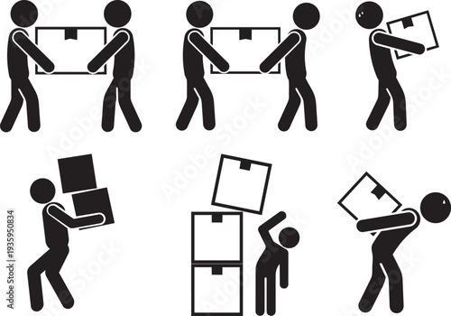 Box Handling Guide: A visual guide depicting various poses and movements of handling packages, boxes, and parcels.