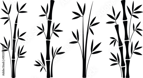 Black silhouettes of bamboo stalks with leaves in different arrangements and densities on a white background Keywords: bamboo silhouette bamboo stalk bamboo plant asian plant oriental flora