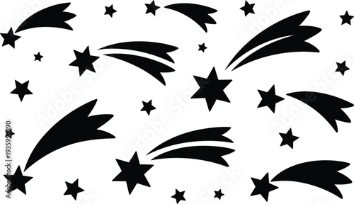 Black silhouette shooting stars and stars scattered across a white background Keywords: shooting star, silhouette, space, night, sky, celestial, cosmic, twinkle, sparkle, streak, comet, meteor