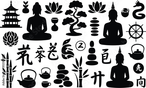 Black silhouettes of Buddhist and Zen symbols including Buddha statues pagodas lotus flowers bamboo and stones on a white background Keywords: buddha silhouette zen silhouette buddhism