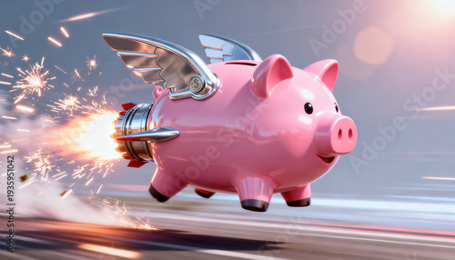 Piggy Bank with Rocket Engine and Wings on Road - Fast Financial Growth