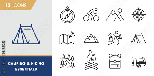 Camping & Hiking Essentials Icons Set – Outdoor Navigation, Mountains & Adventure Line Icons