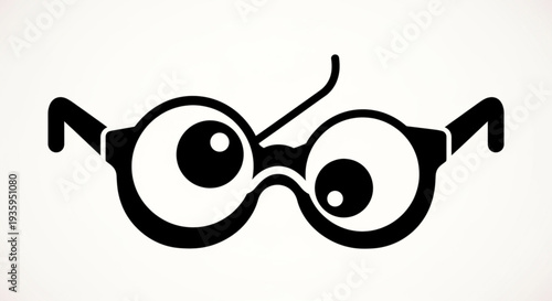 Funny cartoon glasses with one wavy and one straight arm on transparent background